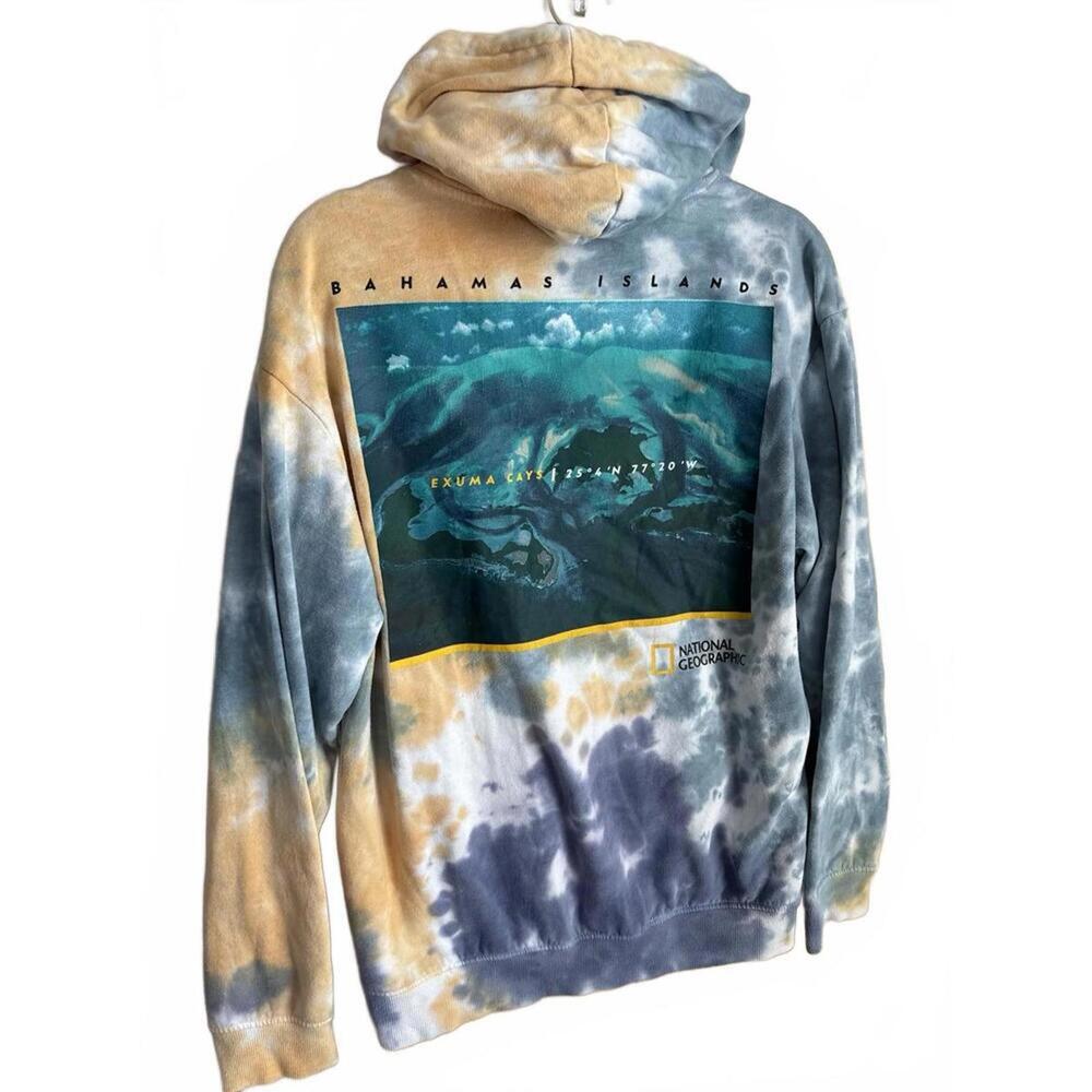 NATIONAL GEOGRAPHIC Hoodie Bahamas Islands Blue Green Tie Dye Pullover Medium
